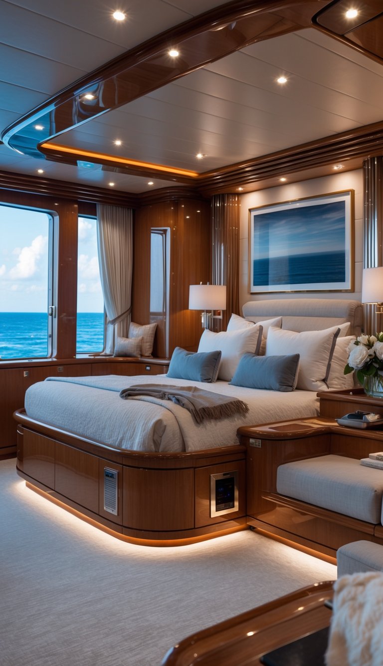 A luxury yacht master bedroom with a king-sized bed and multiple seating areas overlooking the ocean.