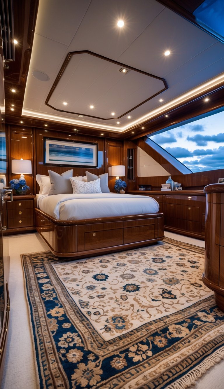 A master bedroom on a luxury yacht with large windows showing the ocean, a king-sized bed, wooden furniture, and woven rugs on the floor.