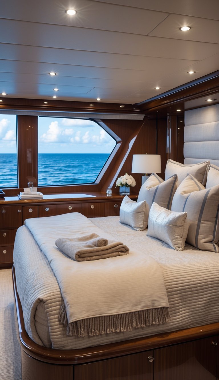 Master bedroom on a luxury yacht with a large bed covered in linen bedding and ocean views through panoramic windows.