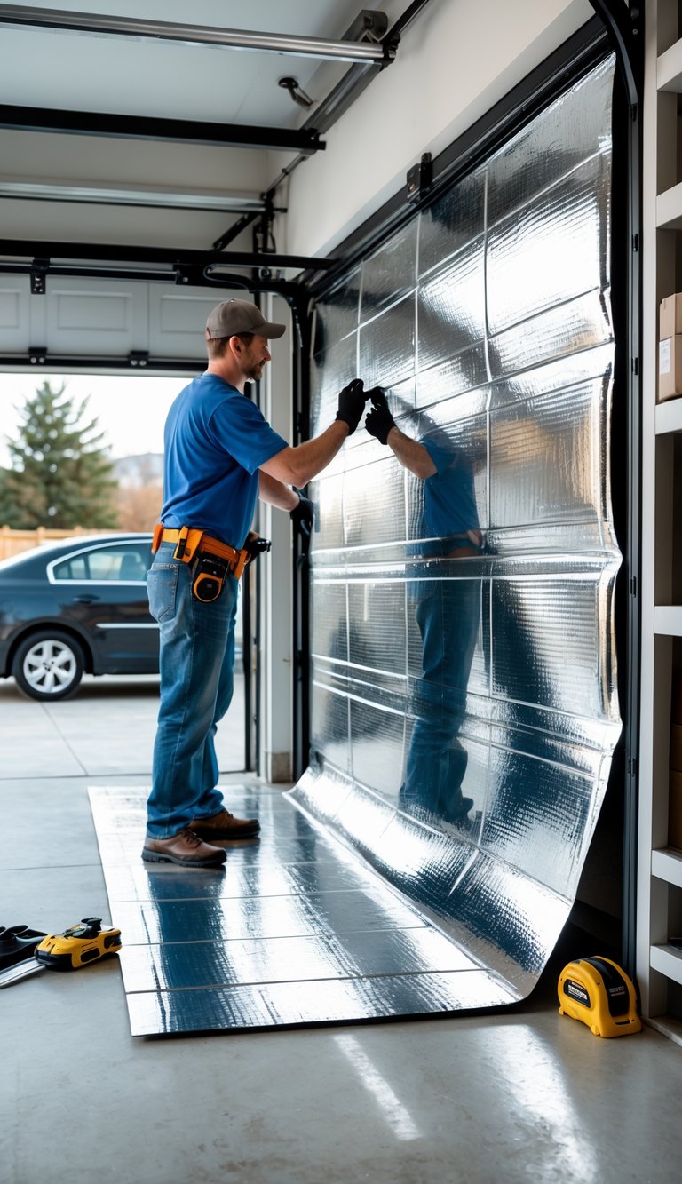 A person installing reflective foil insulation on the inside of a garage door in a clean, organized garage.