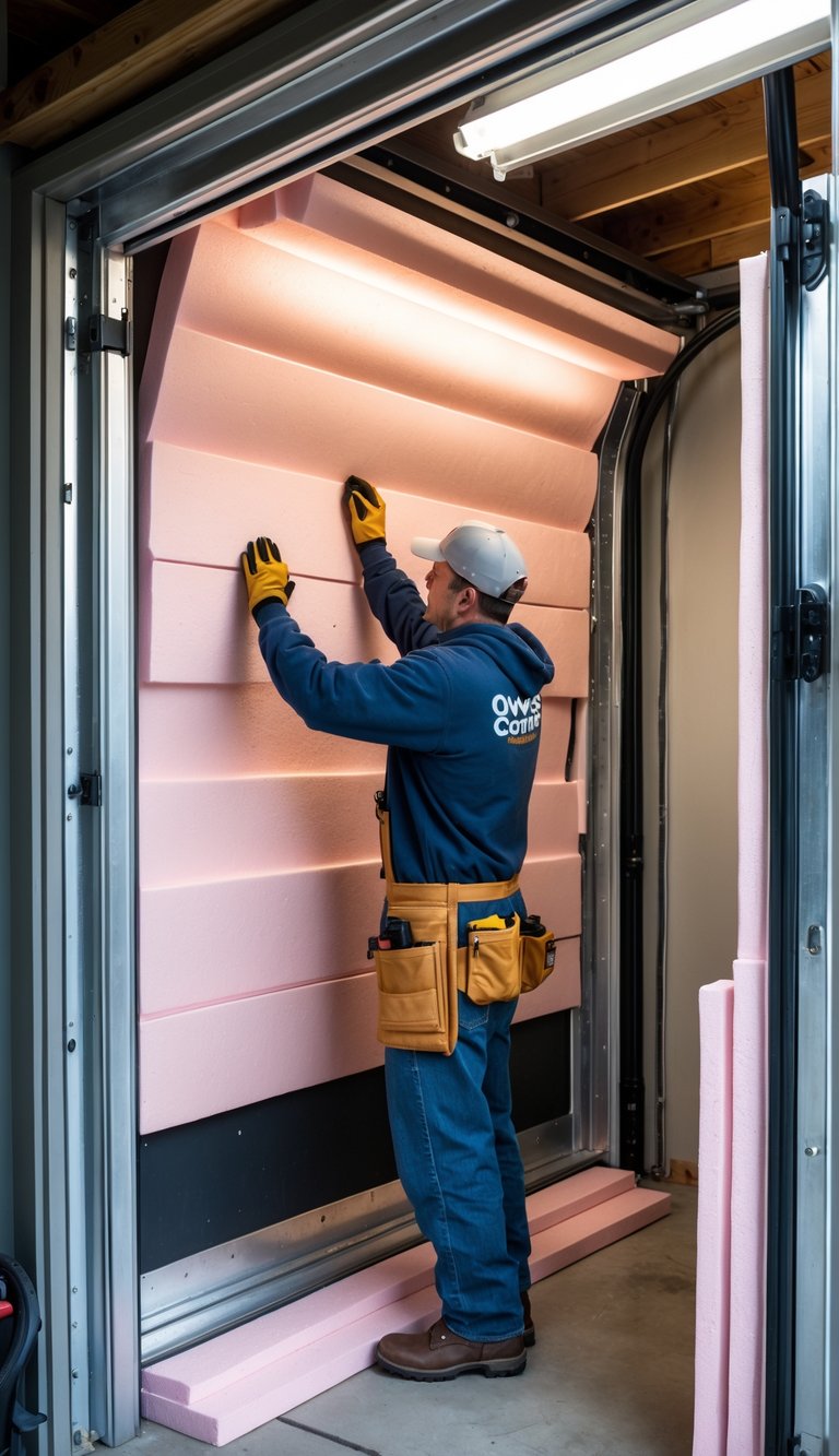 A worker installing rigid foam insulation panels inside a garage door frame.