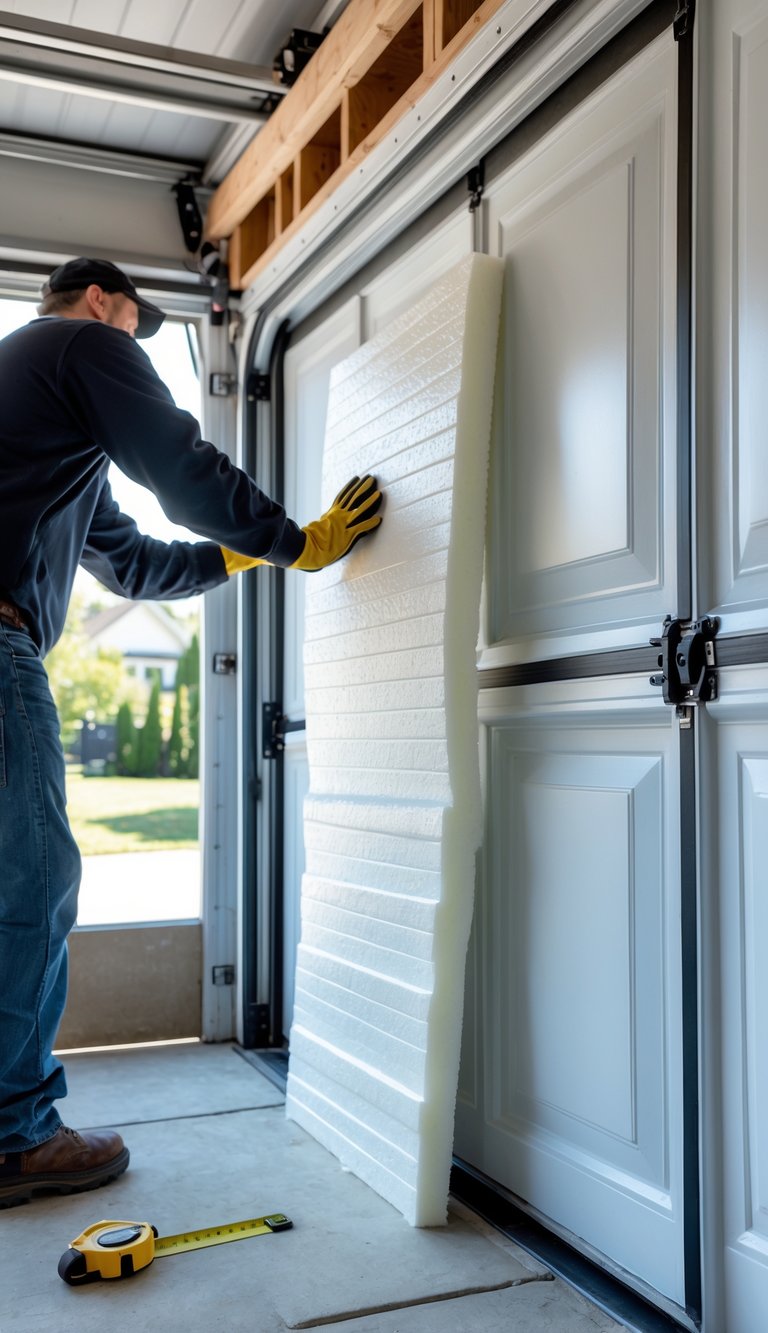 Close-up of foam board insulation being installed inside a garage door in a clean, organized garage.
