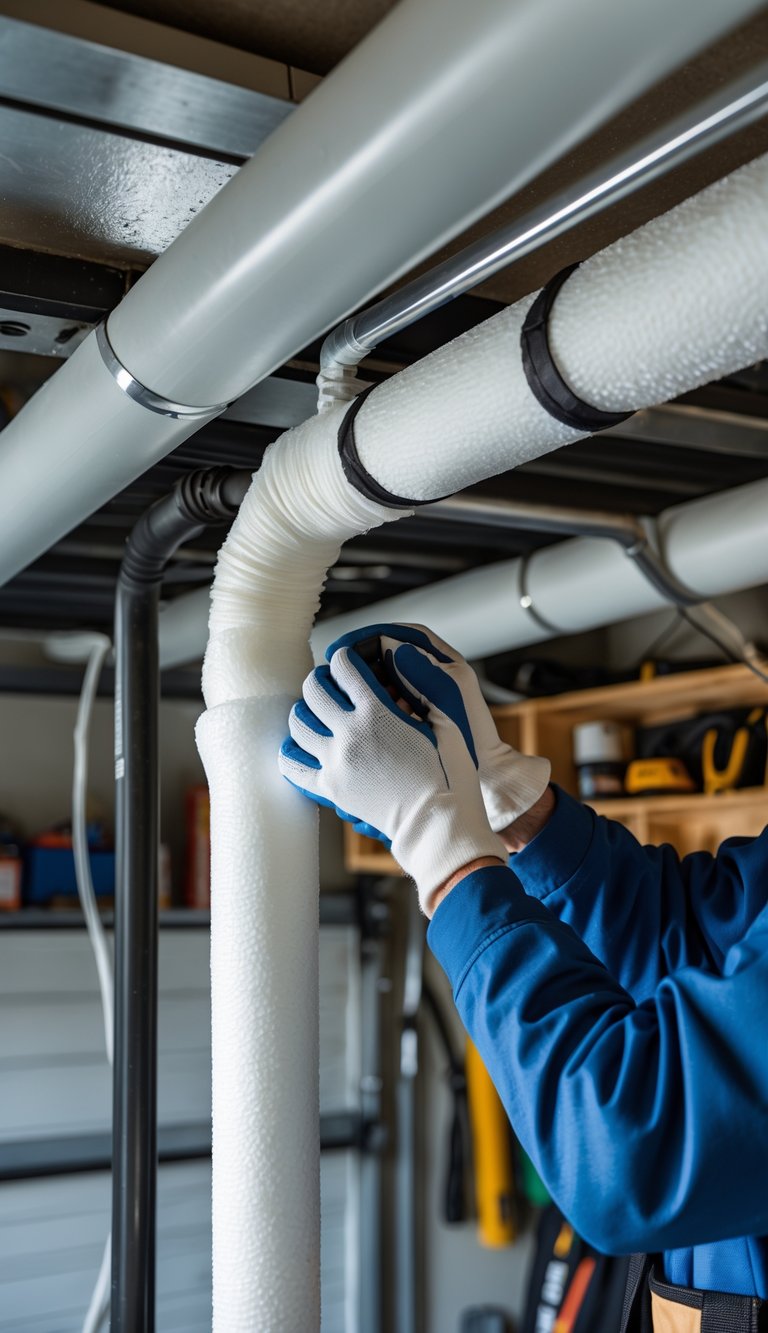 Person installing foam insulation on exposed pipes in a garage.
