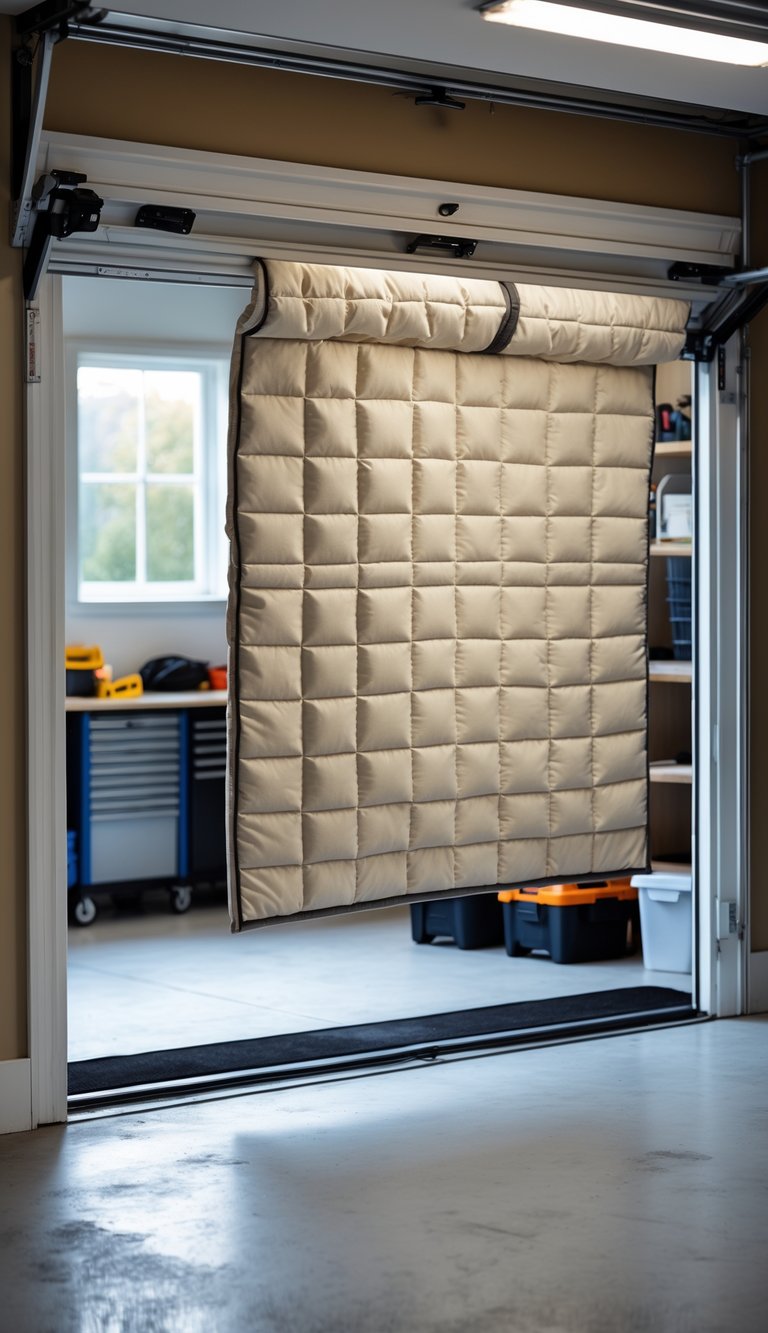 Interior of a garage showing a closed garage door with thick thermal curtains attached inside for insulation.