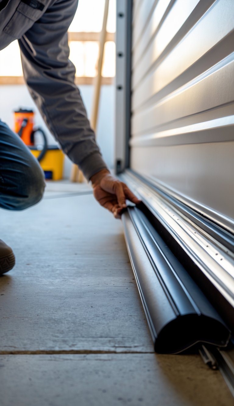 A person installing a bottom seal on a garage door to prevent moisture and cold air from entering.