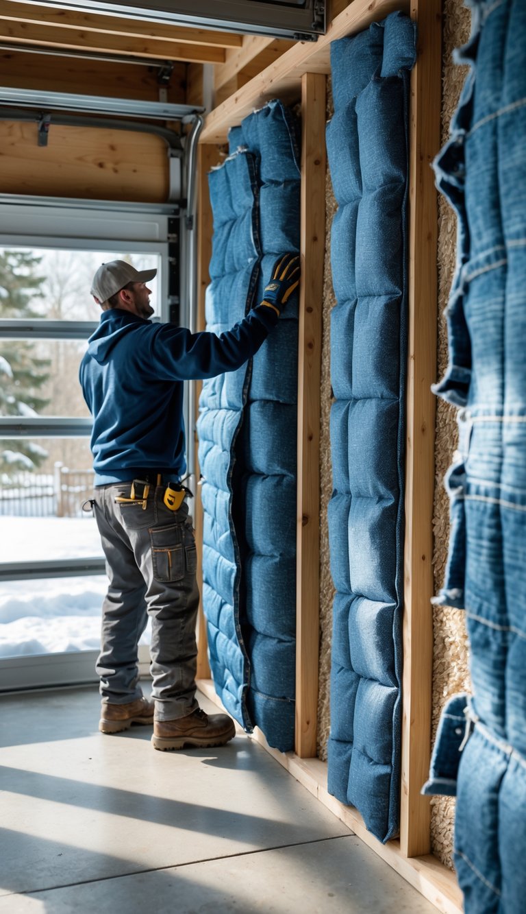 A person installing blue recycled denim insulation panels inside a garage wall during winter.