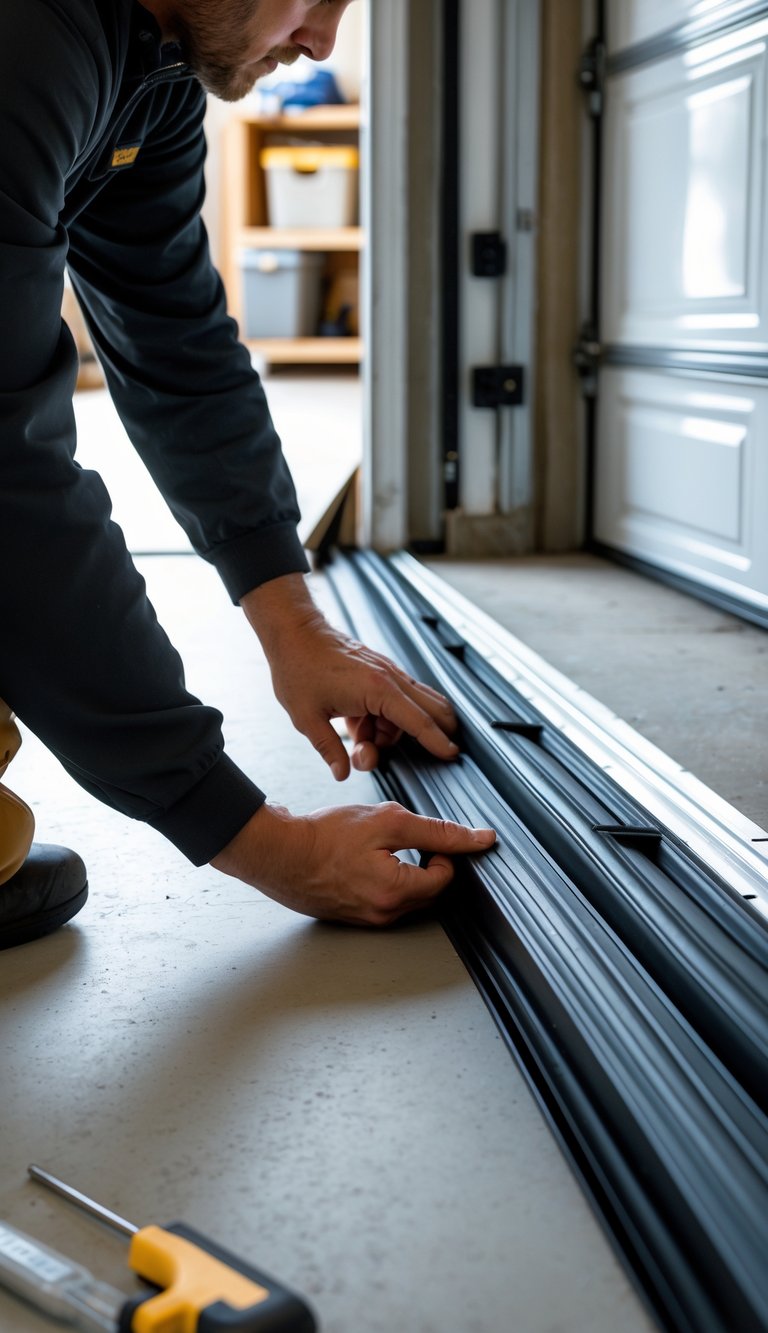 Close-up of a person installing a garage door threshold seal along the bottom edge of a garage door frame.