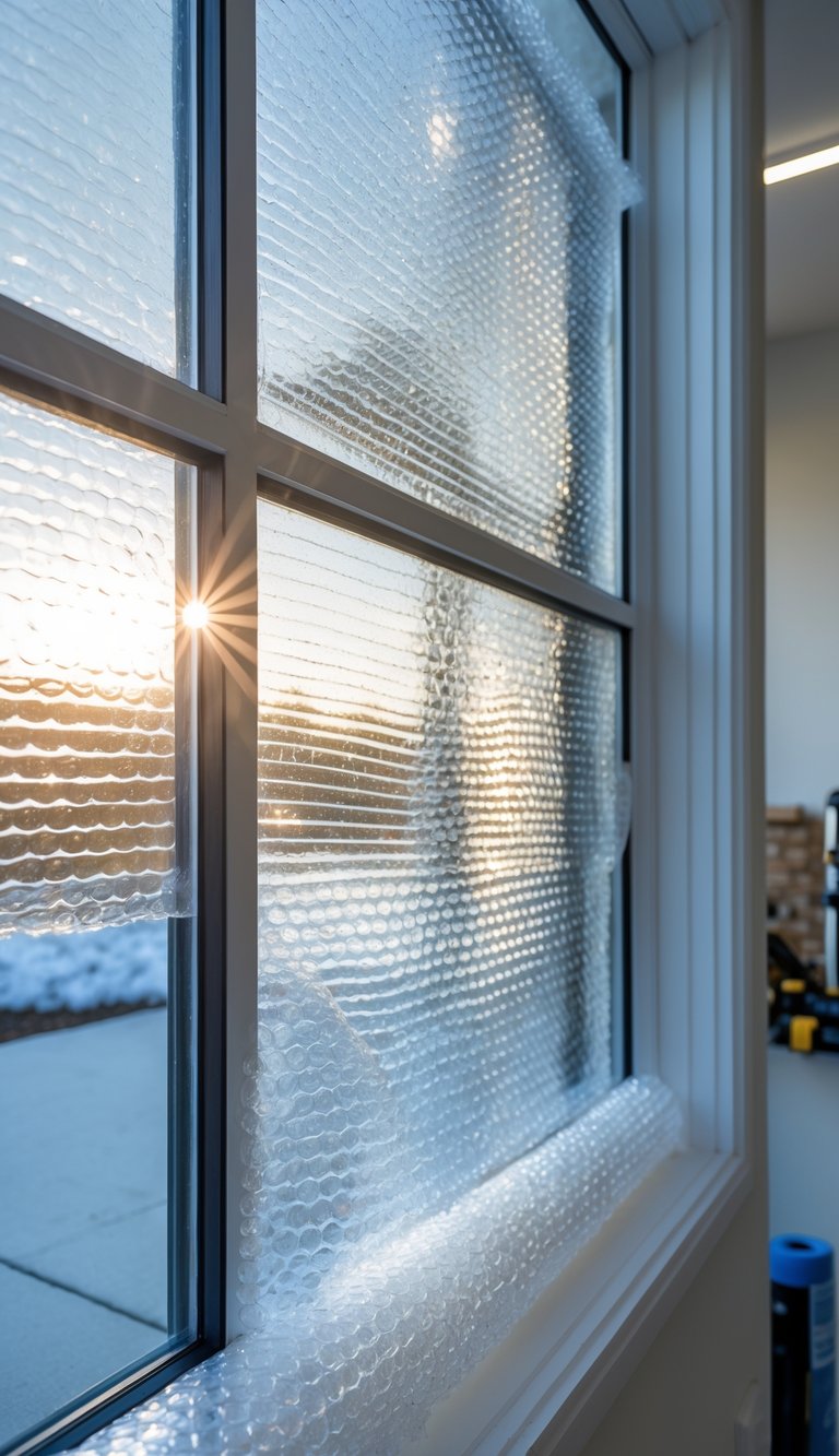 Close-up of a window with bubble wrap applied on the inside to reduce heat loss in a garage.