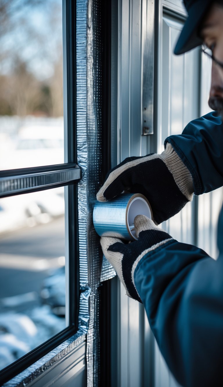 Hands applying insulation tape to metal joints on a garage door.