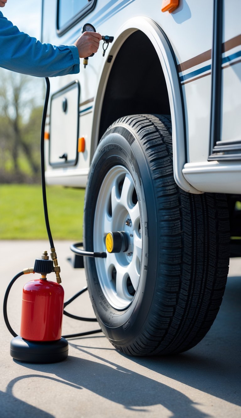 Person checking and inflating an RV tire outdoors on a clear spring day.