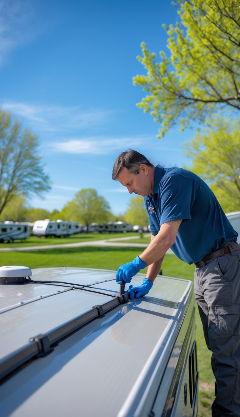 Person inspecting the roof of an RV outdoors on a sunny day, checking for damage.