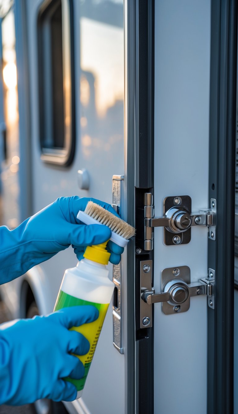 Hands cleaning and lubricating door hinges and locks on an RV door.