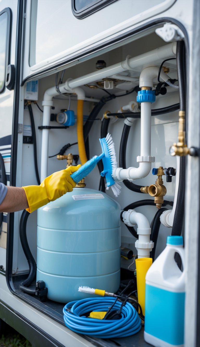 Person cleaning fresh water tanks and plumbing systems inside an RV during maintenance.