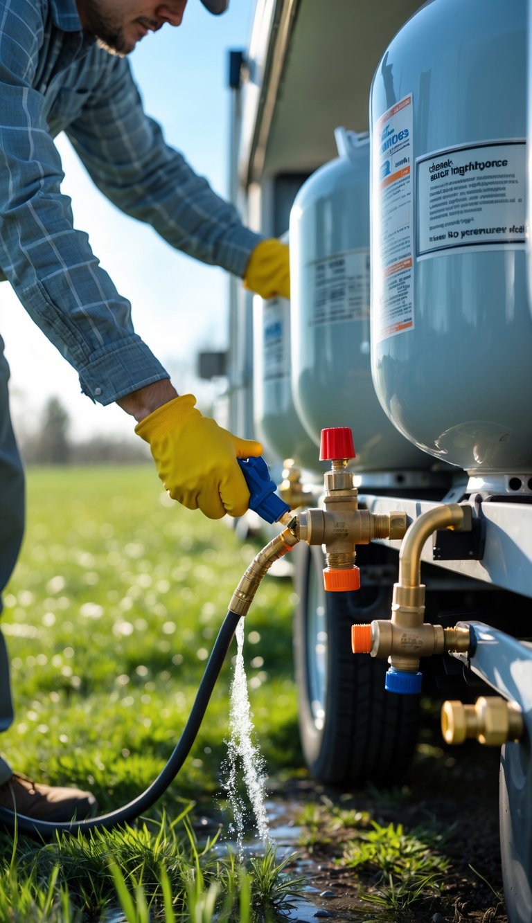 Person inspecting propane tanks on an RV outdoors, checking for leaks during maintenance.
