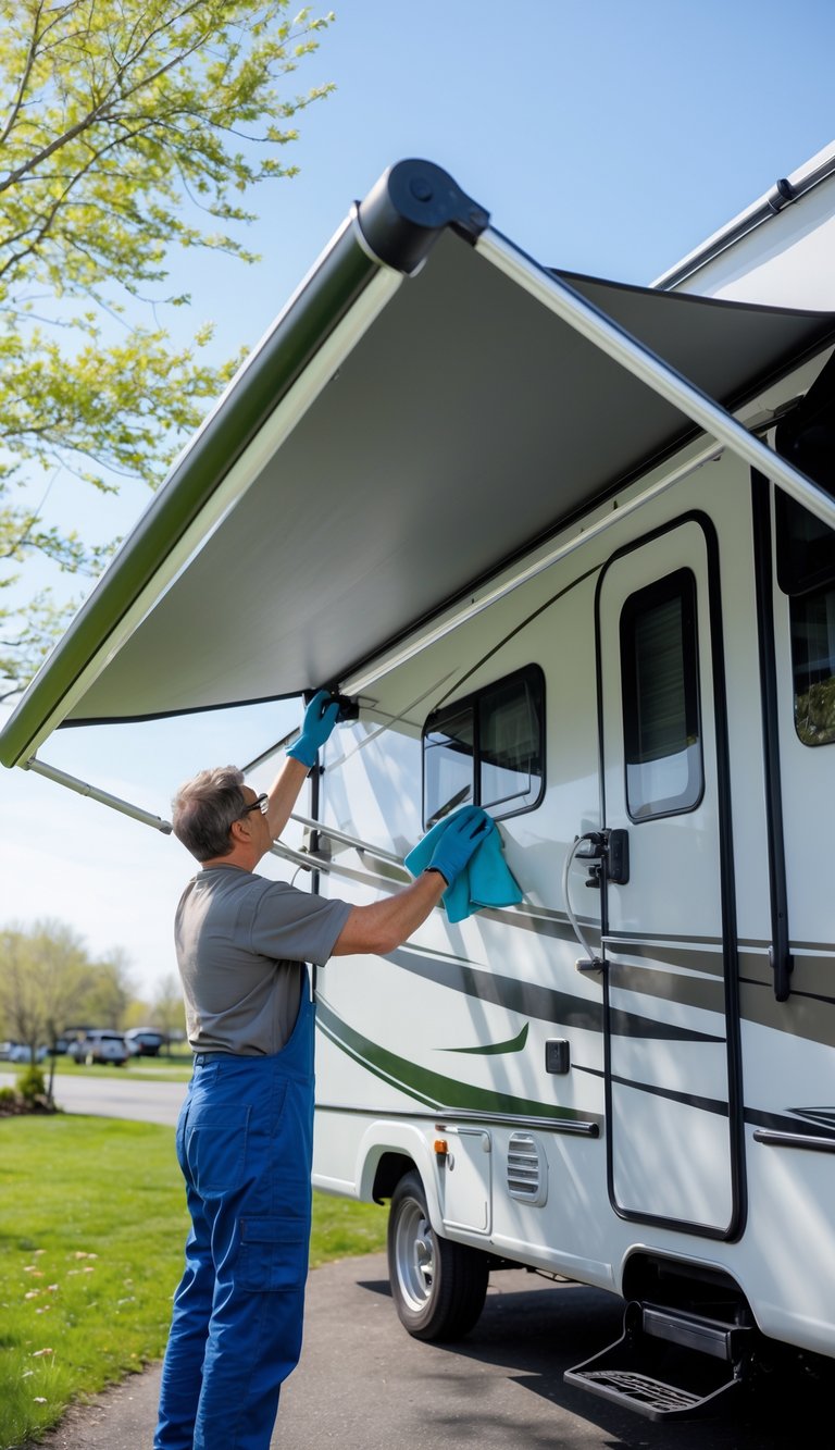 Person cleaning and inspecting the fabric and metal parts of an RV awning outdoors on a sunny day.