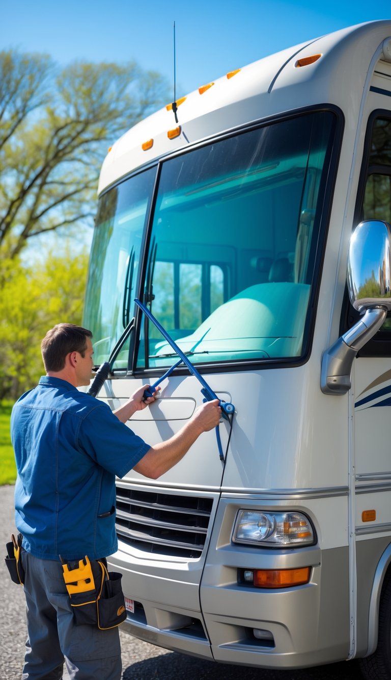 A person replacing the windshield wiper blades on a large RV outdoors on a clear spring day.