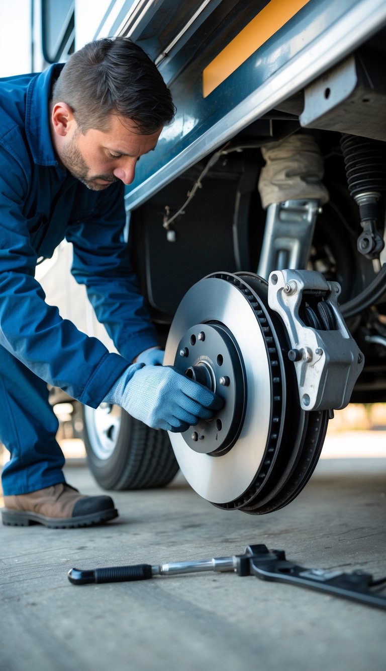 Person inspecting the brake system of an RV, focusing on brake components under the wheel.
