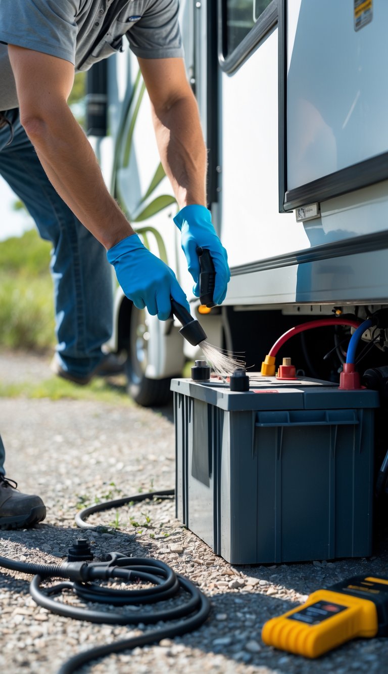 A person cleaning and inspecting the battery terminals of an RV outdoors with the battery compartment open.