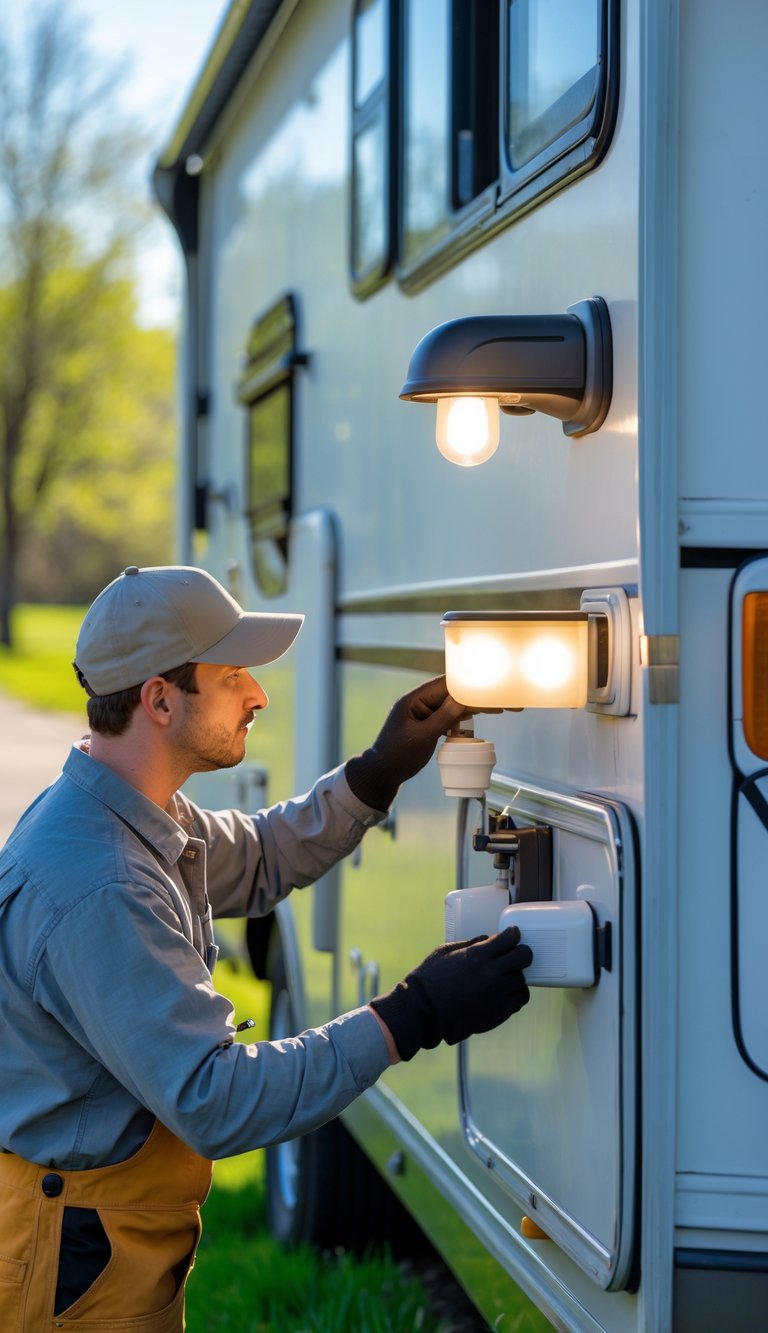 Person inspecting and replacing exterior light bulbs on an RV outdoors during spring.