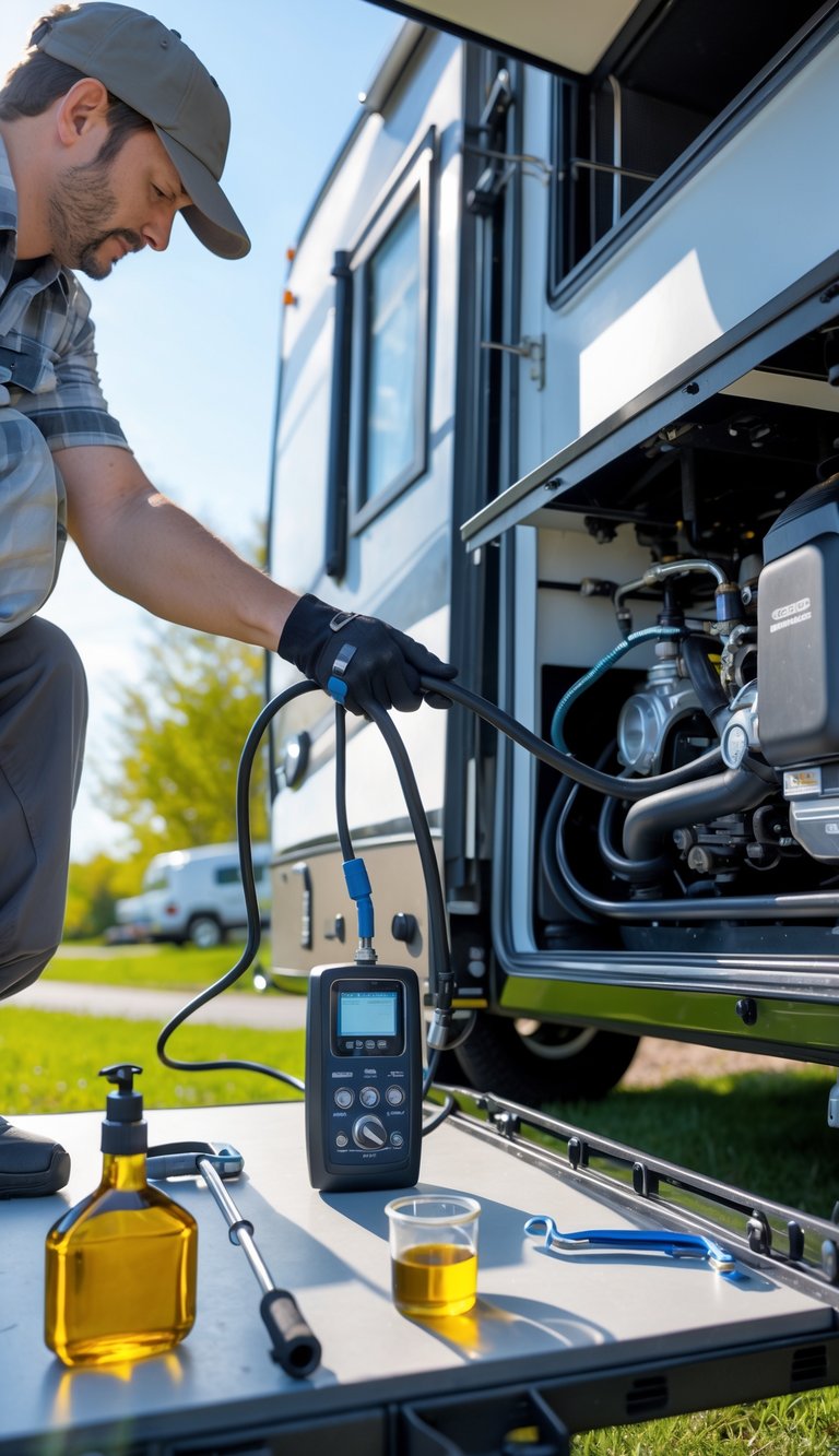 Person testing an RV generator and preparing to change oil outdoors during spring maintenance.