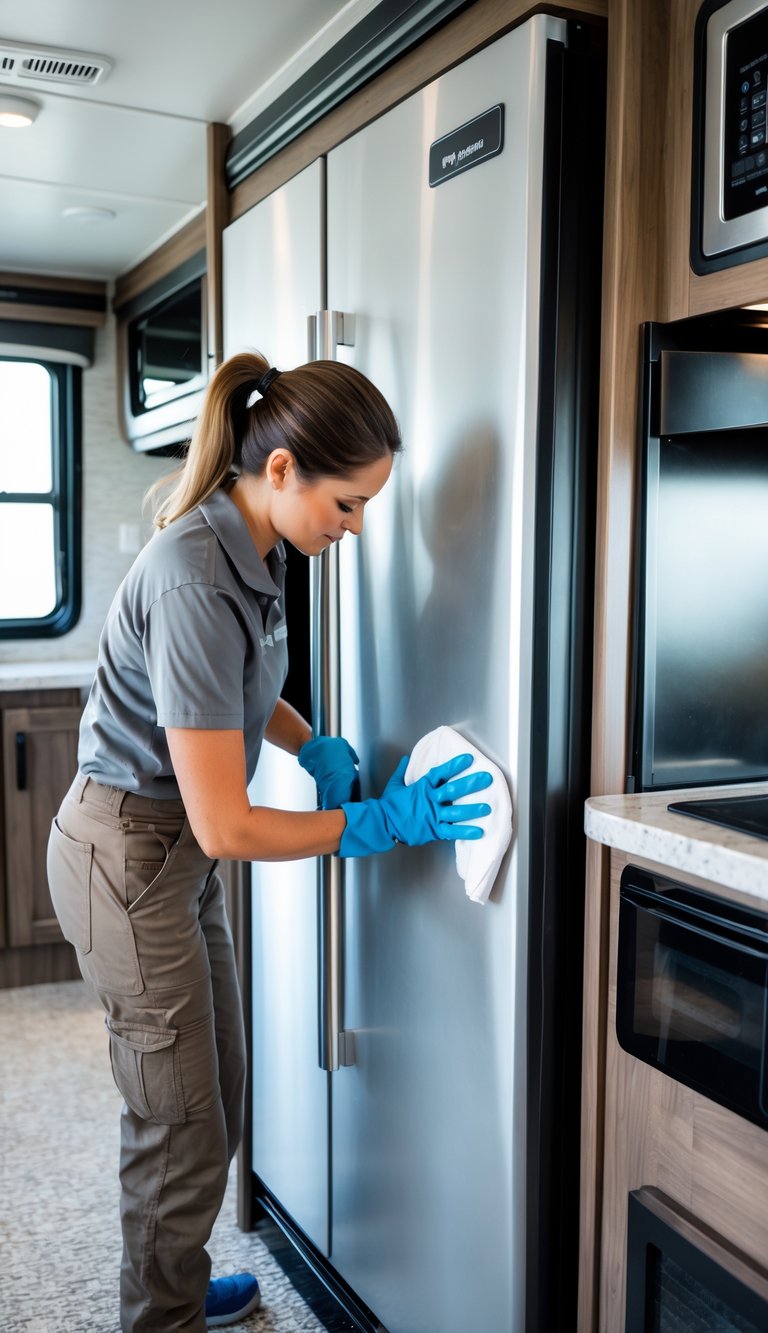 Person cleaning and inspecting refrigerator seals inside an RV kitchen.
