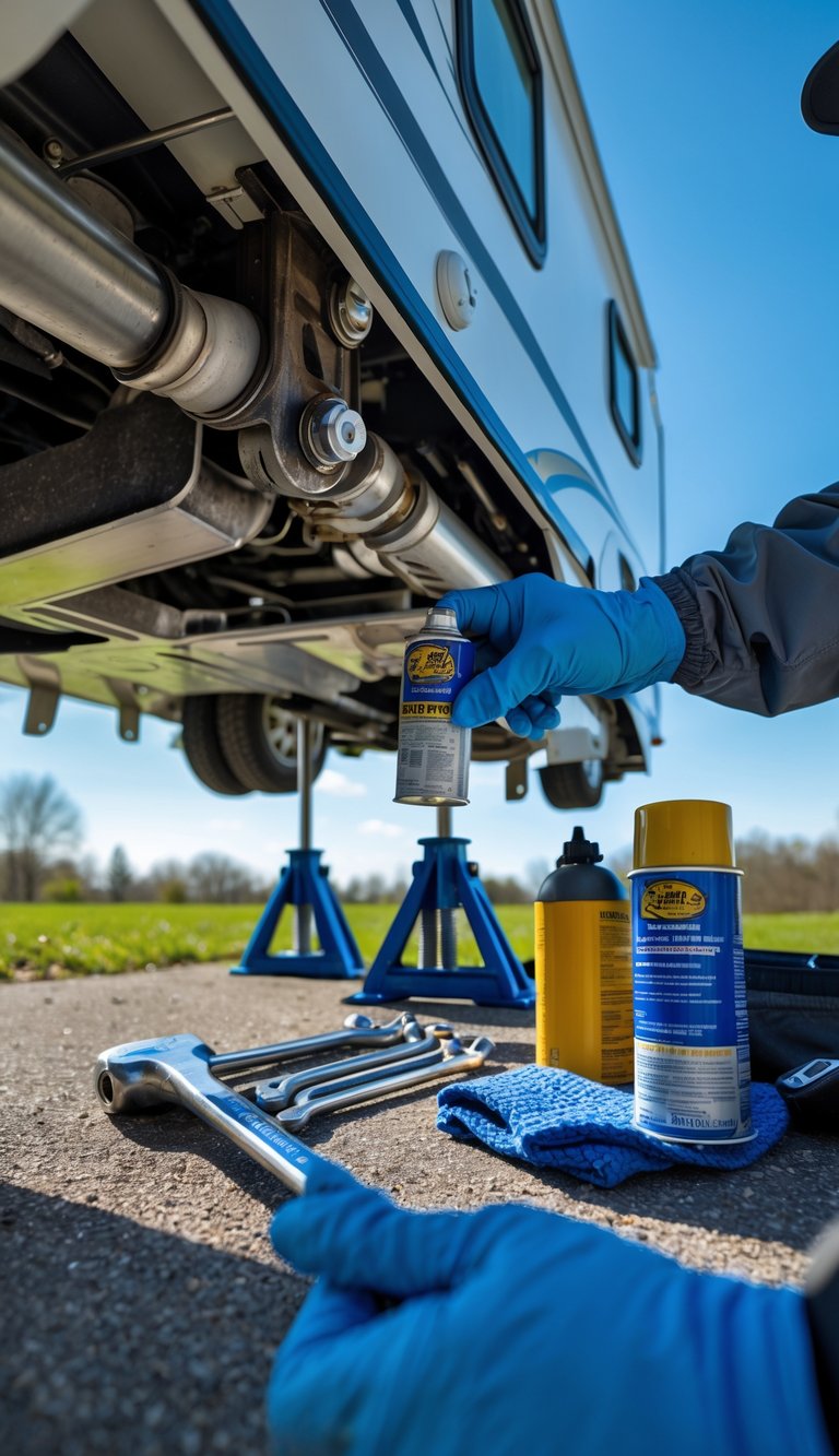 Hands lubricating the chassis and moving parts of an elevated RV outdoors with tools nearby.