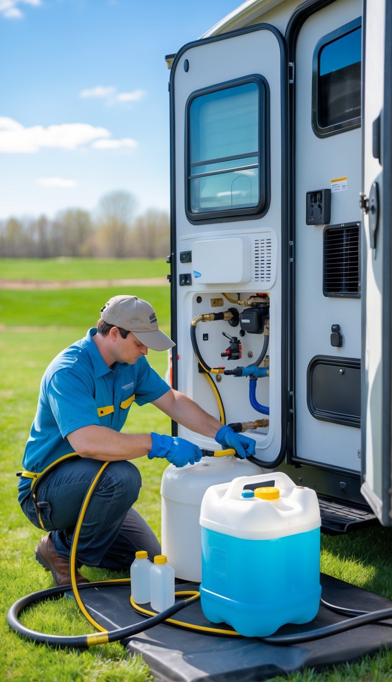 Person flushing and refilling antifreeze in the holding tanks of an RV outdoors on a sunny spring day.