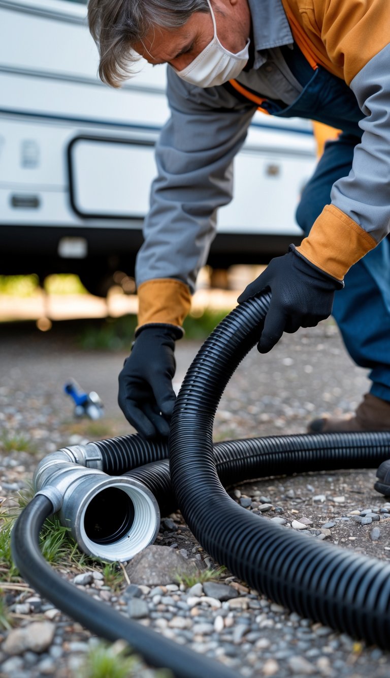 Person inspecting a sewer hose and fittings connected to an RV outdoors.