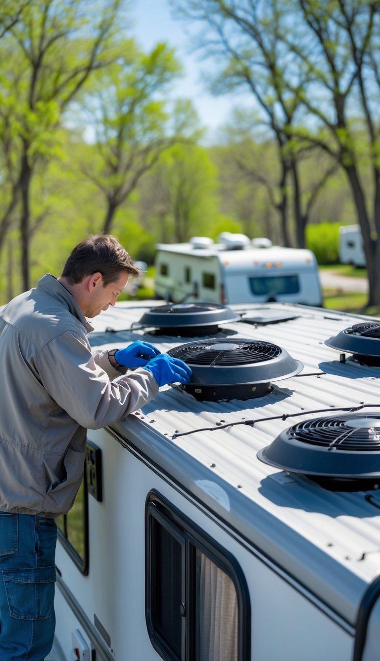 Person inspecting roof vents and fans on top of an RV outdoors on a clear spring day.