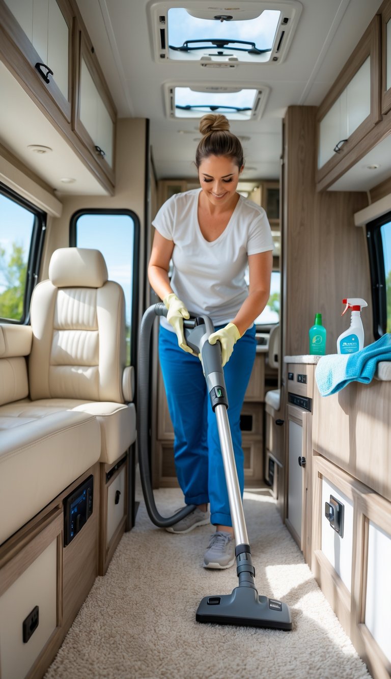 Person vacuuming upholstery and carpets inside a clean RV interior during spring maintenance.