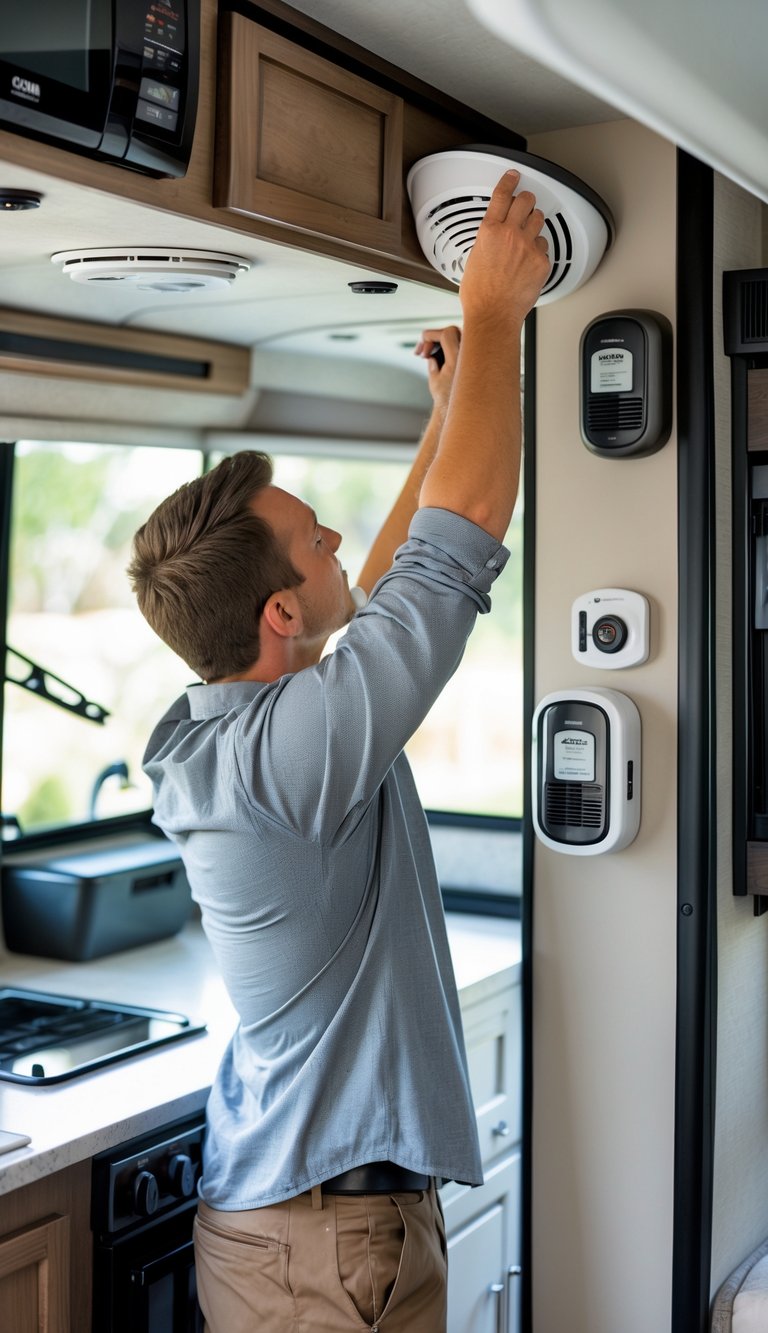 A person inspecting smoke and carbon monoxide detectors inside an RV.