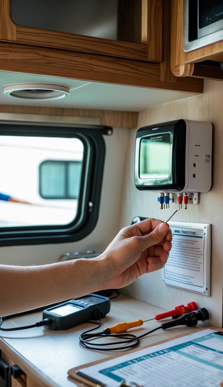 Person adjusting an RV thermostat inside an RV with maintenance tools nearby.