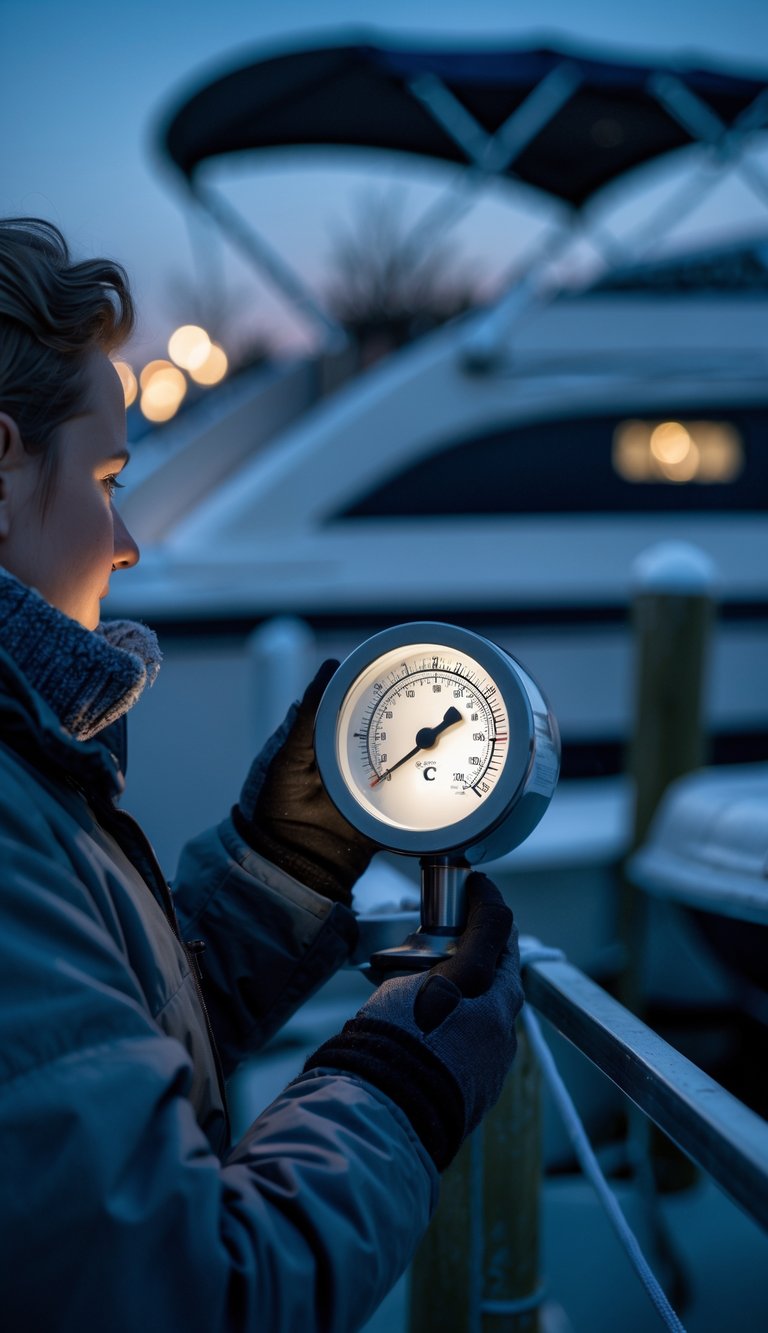 Person checking a boat's temperature gauge at night on a dock with a boat in the background.
