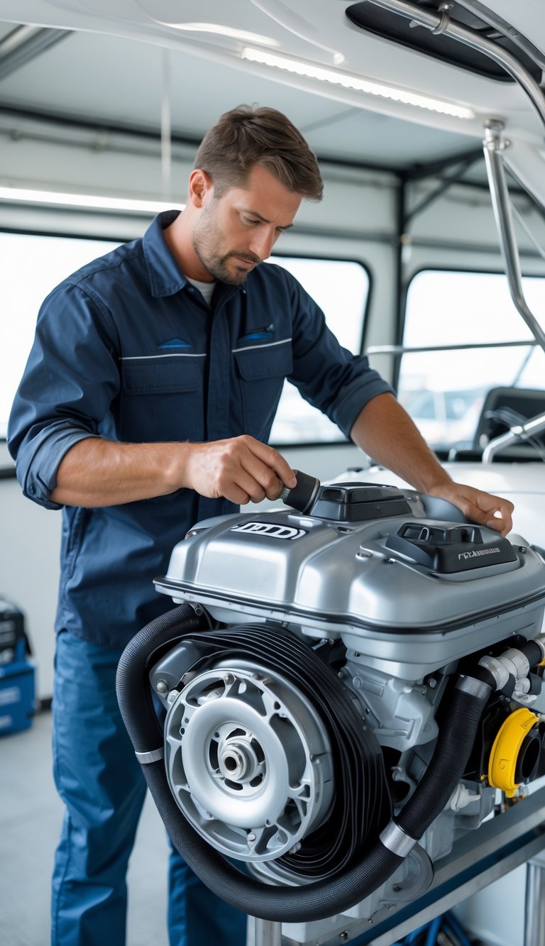 A person inspecting a boat engine closely in a clean workshop, checking for signs of wear or damage.