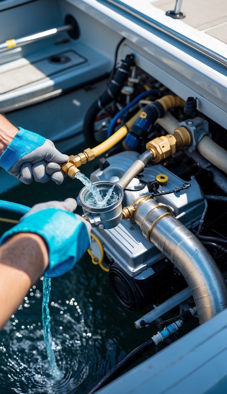 Person flushing and cleaning a boat engine cooling system with water to prevent corrosion.