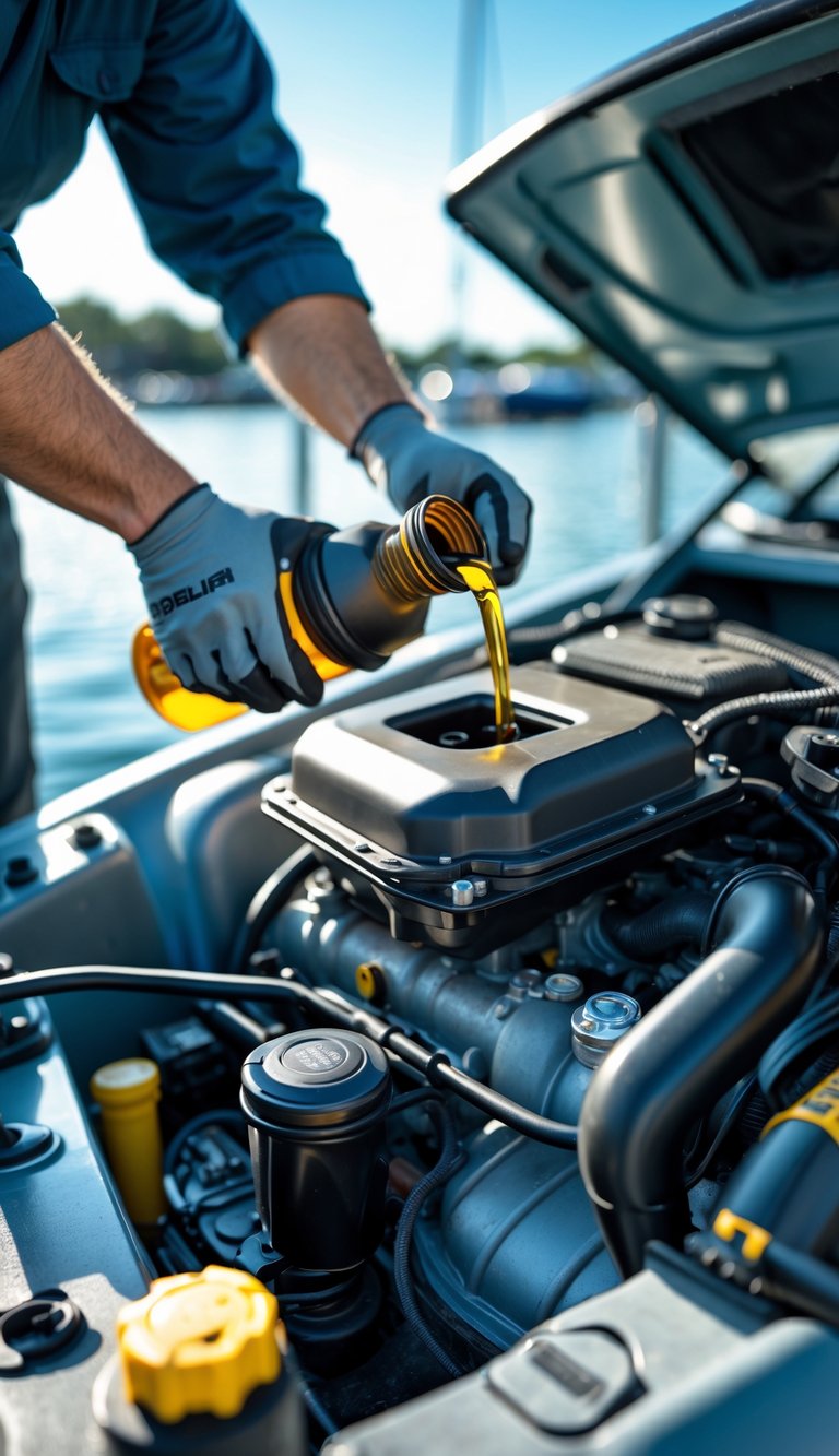 A mechanic changing engine oil and replacing oil filters on a boat engine at a marina.