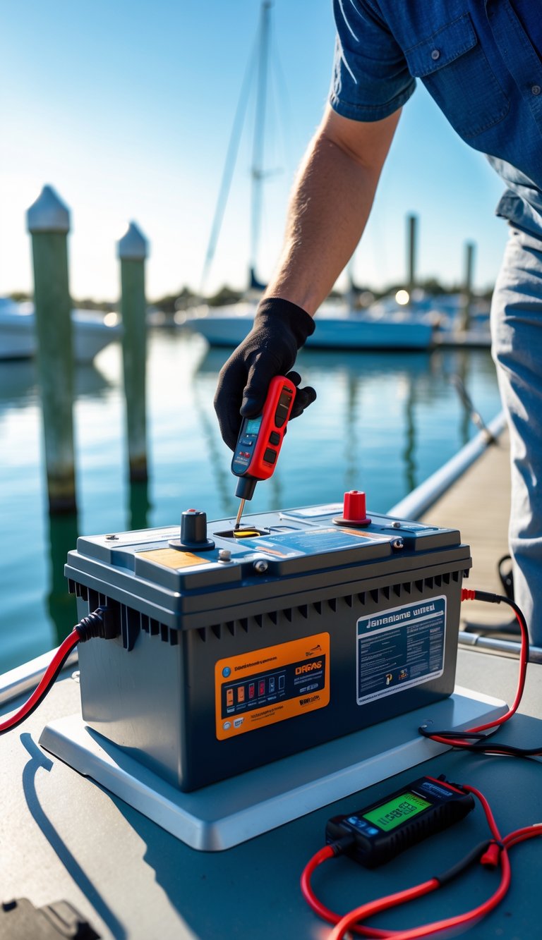 Person testing and charging a boat battery outdoors near a dock with boats in the background.