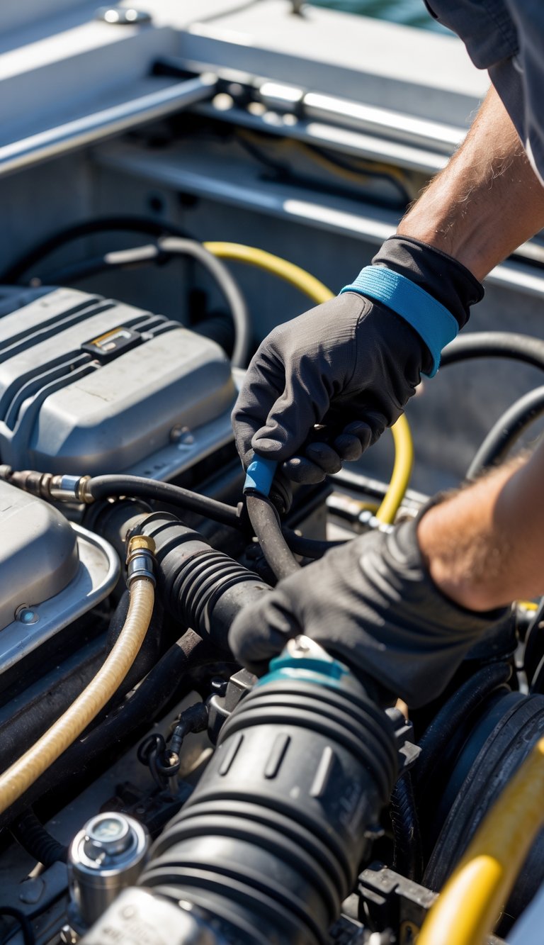 Person inspecting and replacing fuel lines in a boat engine compartment.