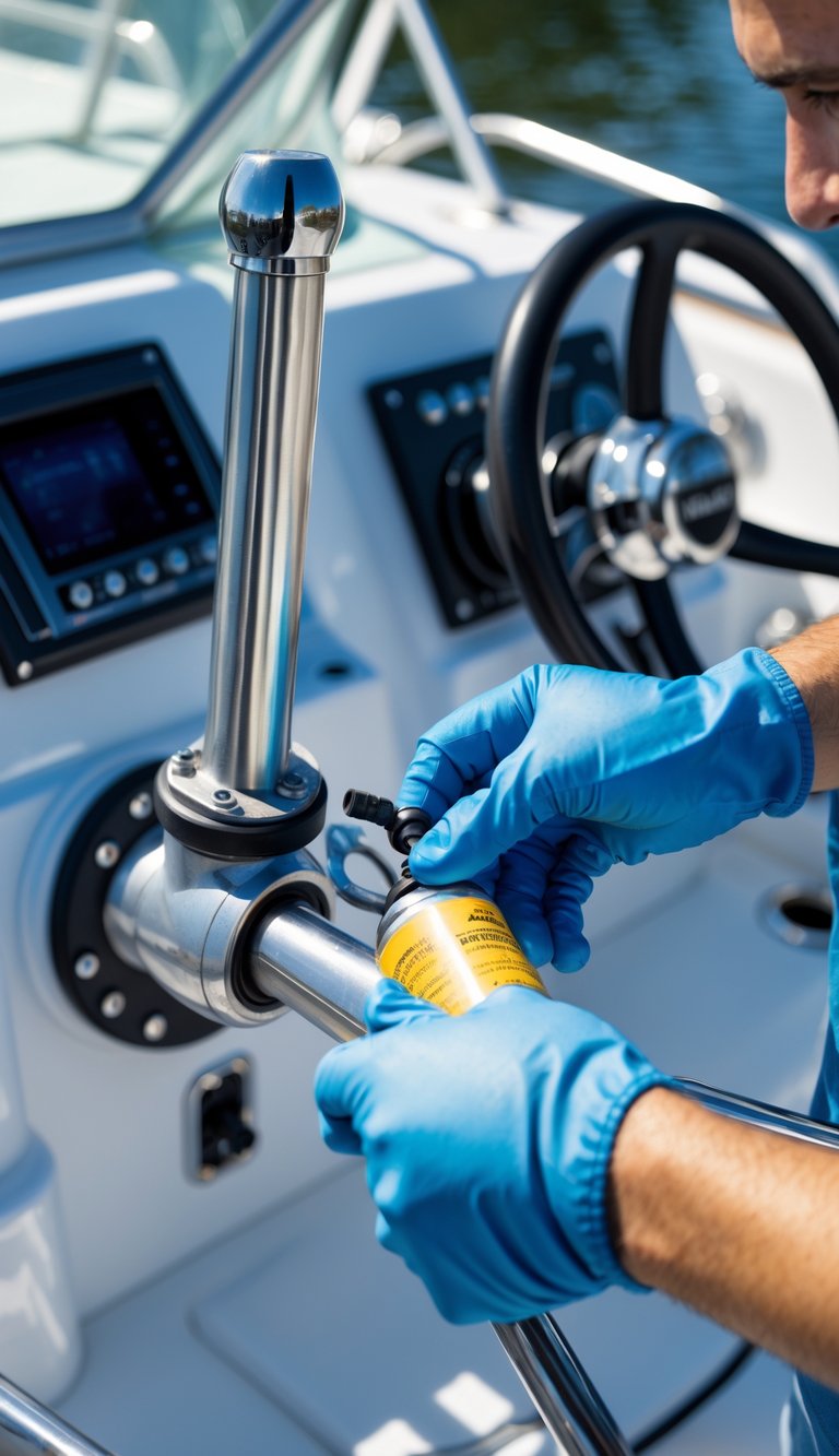 Close-up of hands lubricating a boat's steering system on a clean boat deck.