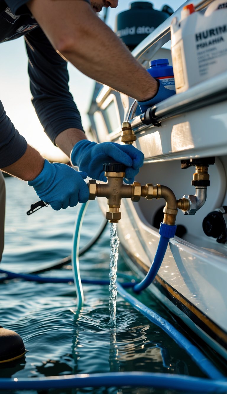 Person wearing gloves working on a boat's water system, removing antifreeze with valves and hoses under the deck.