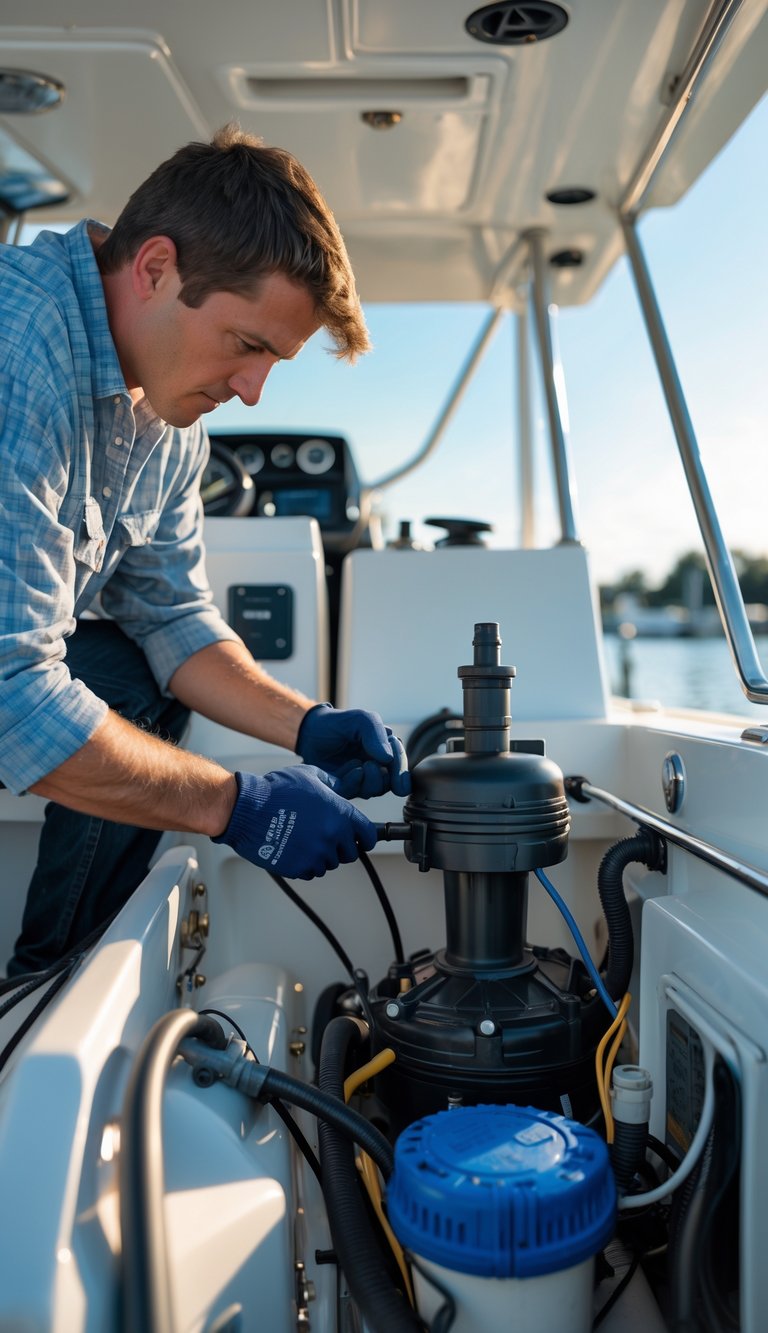 Person inspecting bilge pumps inside a boat, checking equipment to ensure proper functionality.