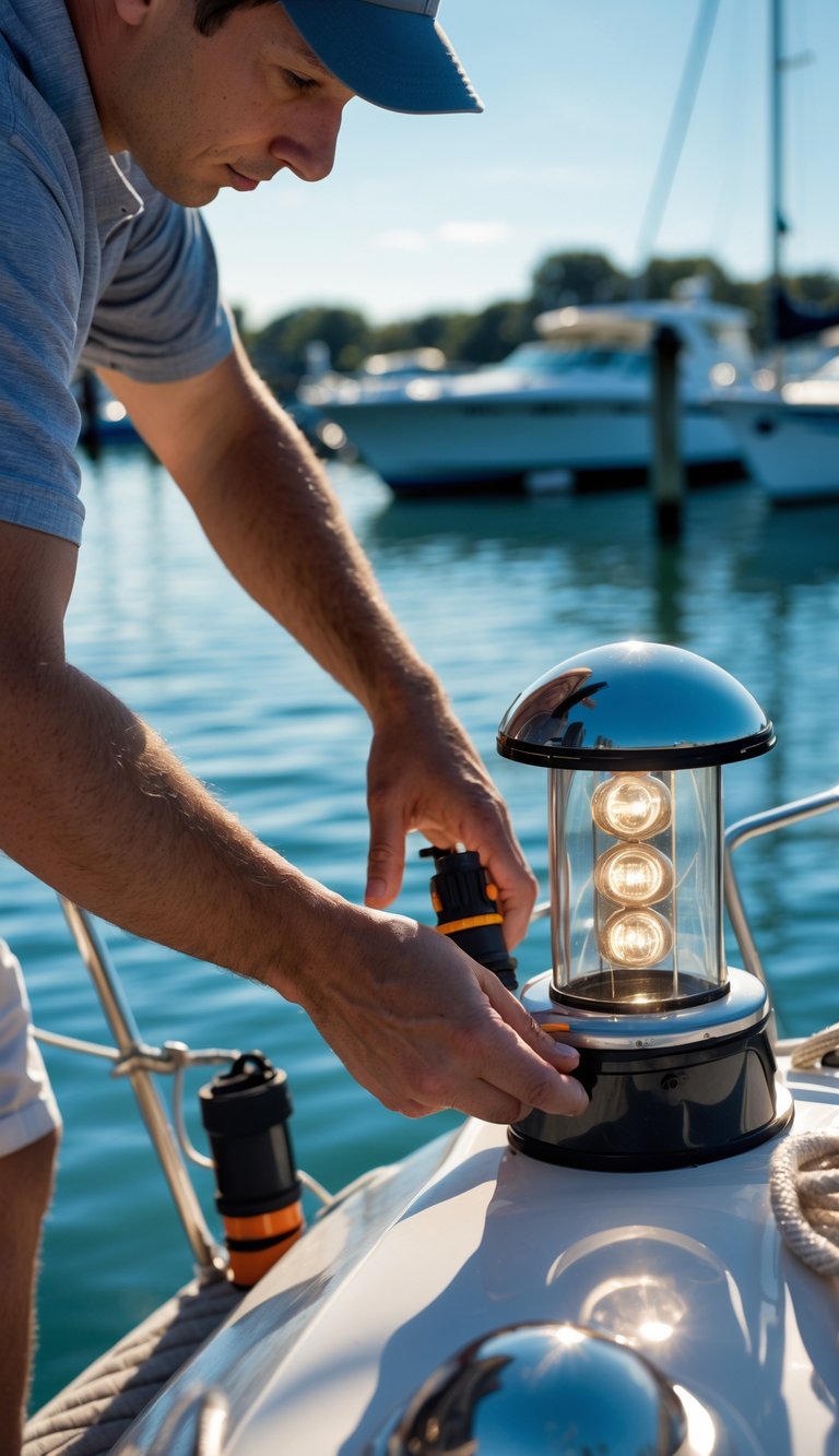 Person testing and replacing navigation lights on a boat docked at a marina during the day.
