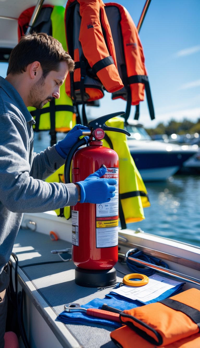 Person inspecting a fire extinguisher and life jackets on a boat at a marina during boat maintenance.