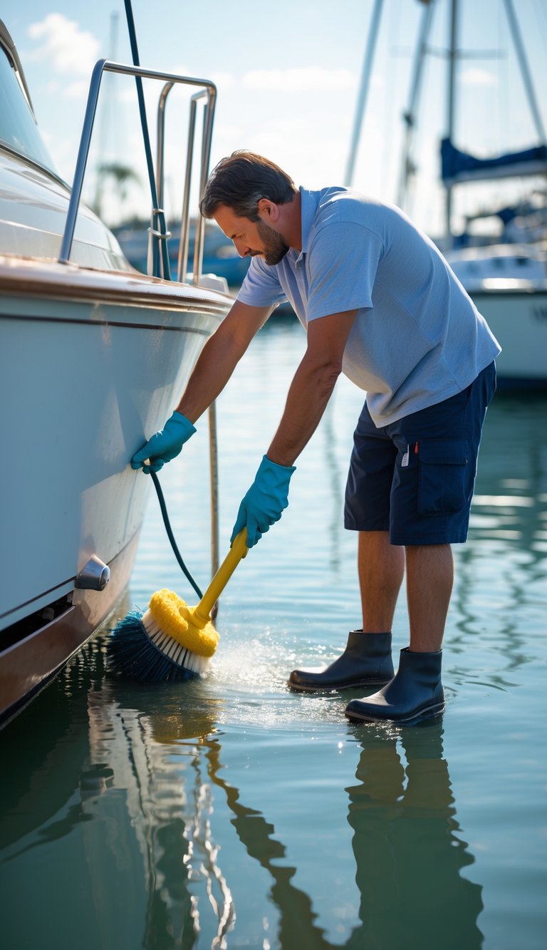 Person cleaning the hull of a boat at a marina, inspecting it for damage or fouling.