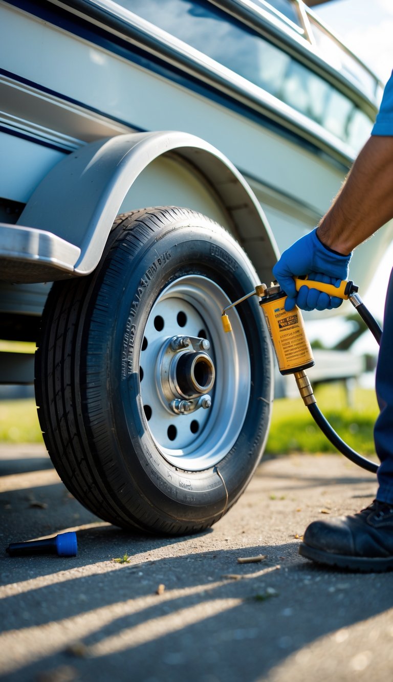 Close-up of a person lubricating trailer wheel bearings on a boat trailer outdoors.