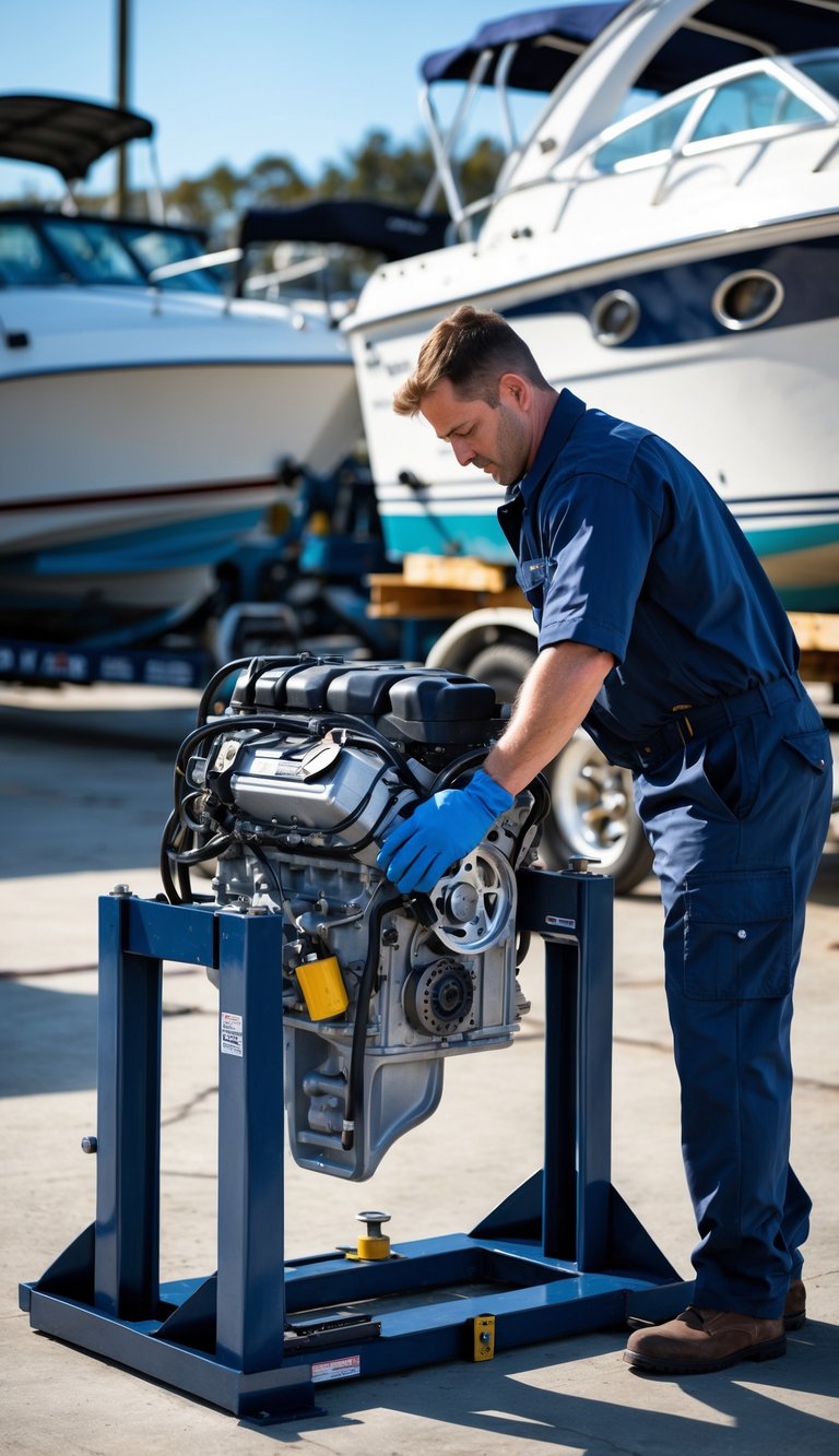 A mechanic testing a boat engine on land at a boatyard with boats stored in the background.