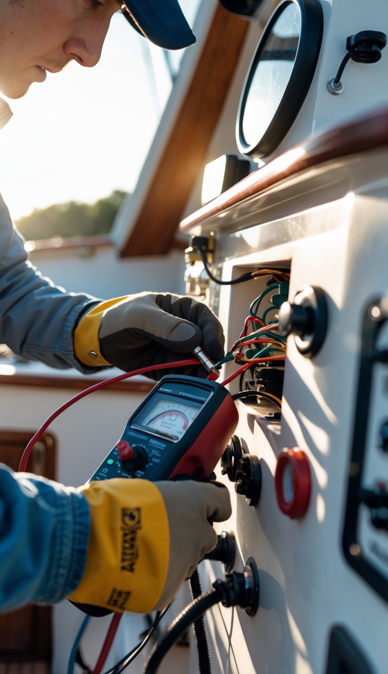 Person inspecting the electrical wiring and control panel of a boat during maintenance.