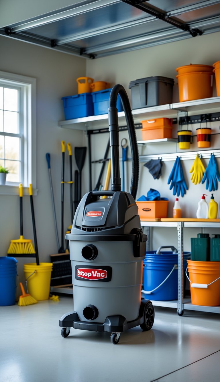 A Shop-Vac wet/dry vacuum in a clean garage with various cleaning tools neatly arranged around it.