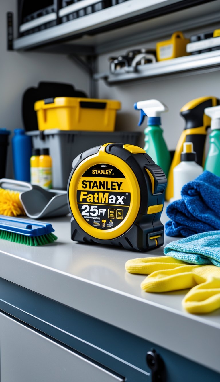 A Stanley FatMax 25ft tape measure on a garage workbench surrounded by spring cleaning tools and organized shelves in the background.