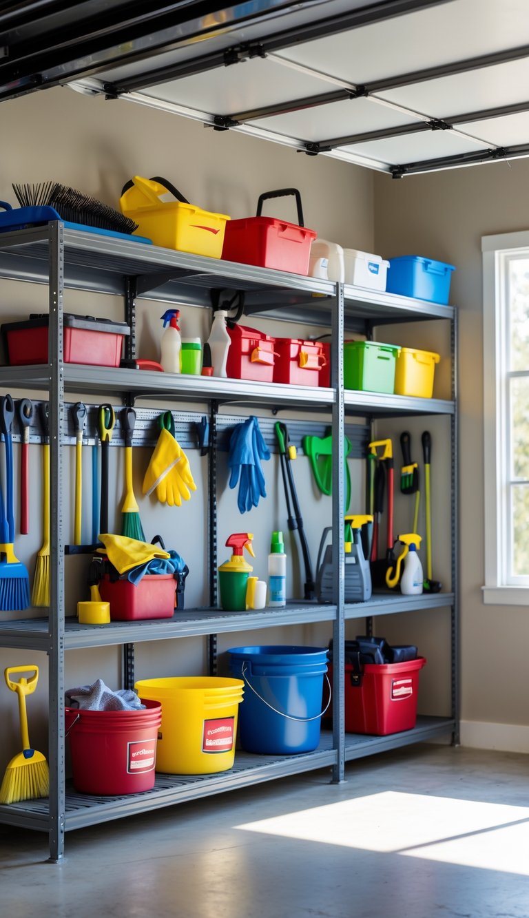 A clean and organized garage with Rubbermaid adjustable shelves holding various spring cleaning tools and equipment.